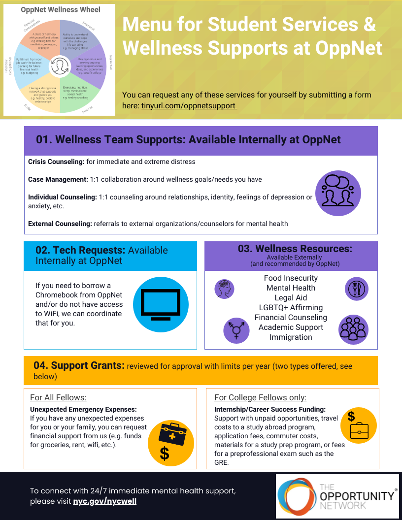 menu of supports - tech, wellness, career success, emergency funding - described below