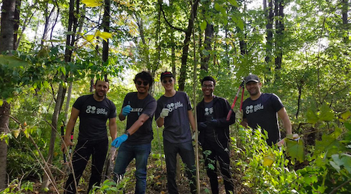 A group of volunteers standing in the forest with equipment