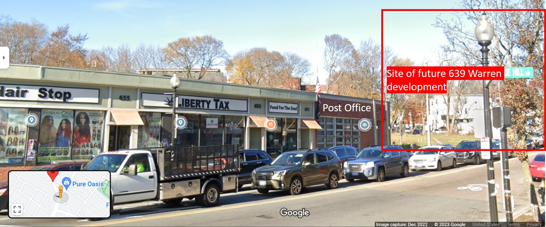 A screenshot from Google Maps displays a strip of one-story commercial buildings along Warren Street by the corner of Blue Hill Avenue leading up to the vacant lot at 639 Warren Street. A red box drawn onto the image highlights the vacant lot and is labeled "Site of future 639 Warren development". The post office directly to the left of the site is also labeled.
