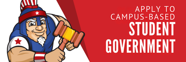 Mr. Titan is dressed in red, white, and blue and holds a gavel. The text reads, "Run for the Collegewide Student Government."