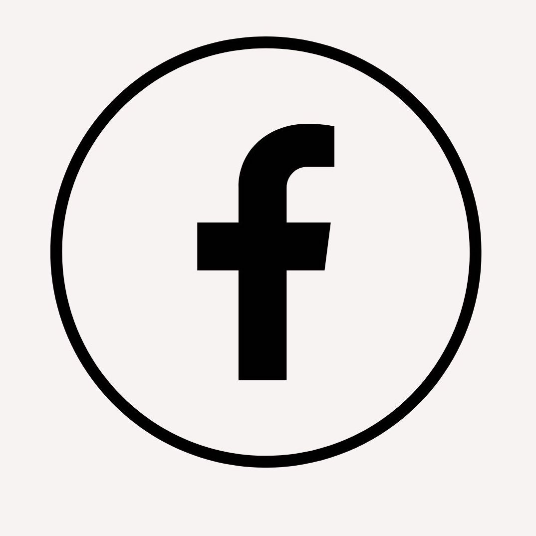 Image of the Facebook "f" logo and circled by a thin black circle.