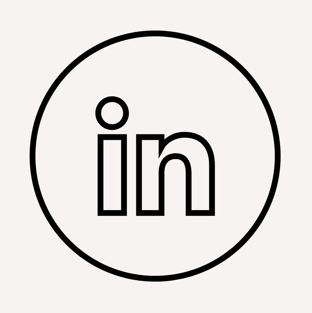 Image of the LinkedIn logo outlined in black and circled by a thin black circle.