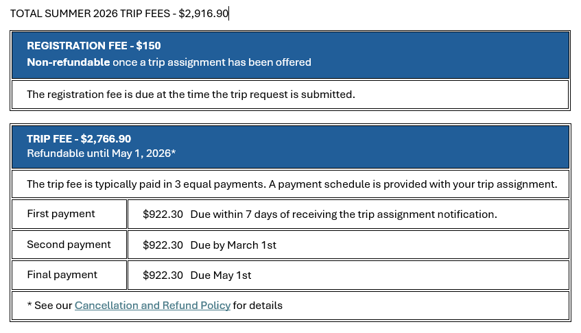 Summer 2026 Fees