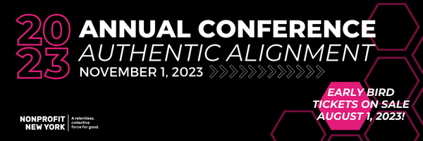 Black banner with white and pink font for the 2023 Annual Conference.