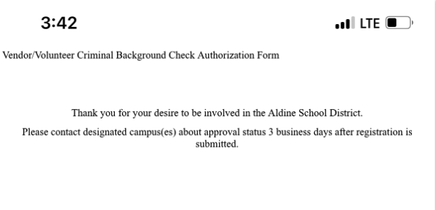 Aldine ISD Background Check Confirmation Example