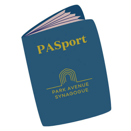 A cartoon image of a passport that says PASport and has the Park Avenue Synagogue logo