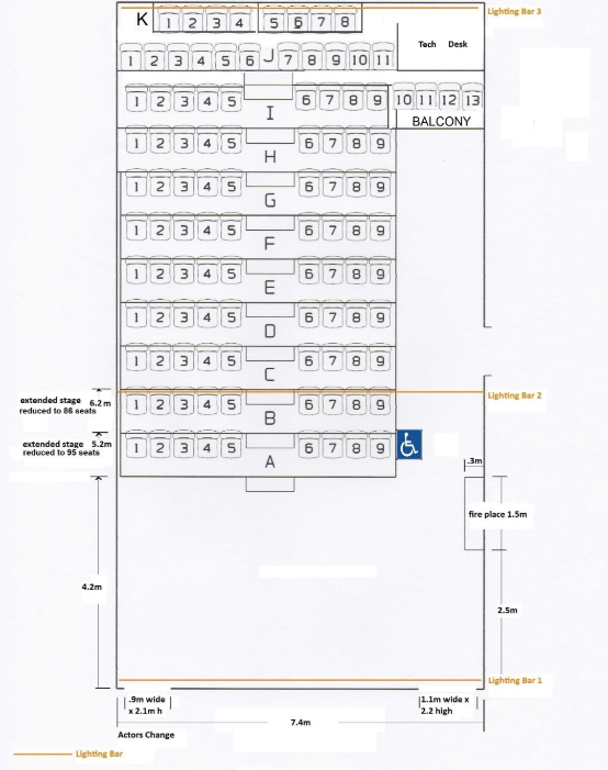 Example of a performance space plan including seating layout, tech desk location, wheelchair accessible seating, lighting bars, change areas and stage dimensions.