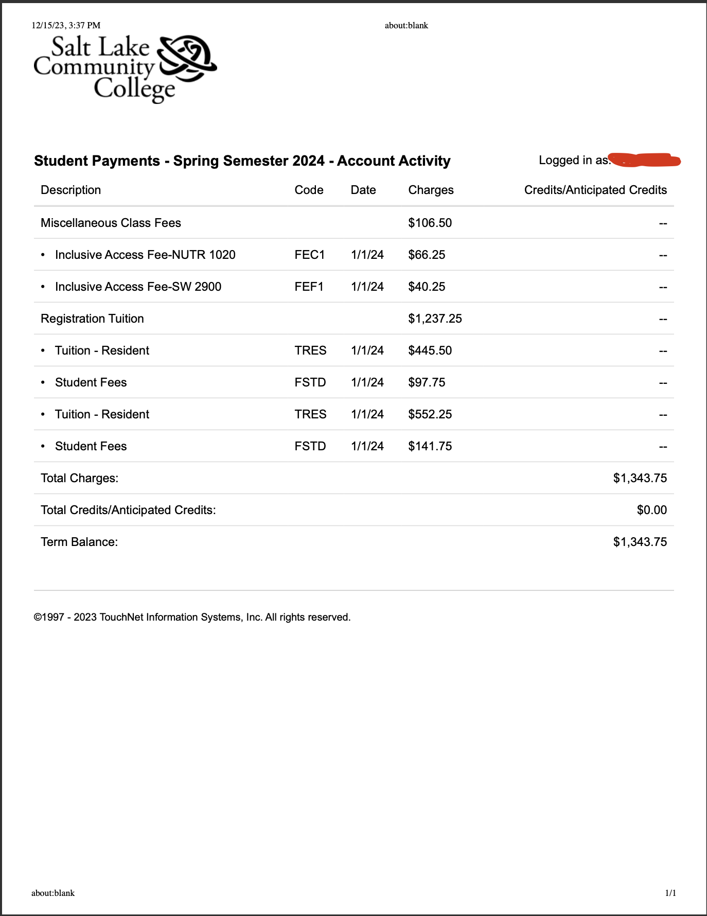 SLCC Tuition Statement Example