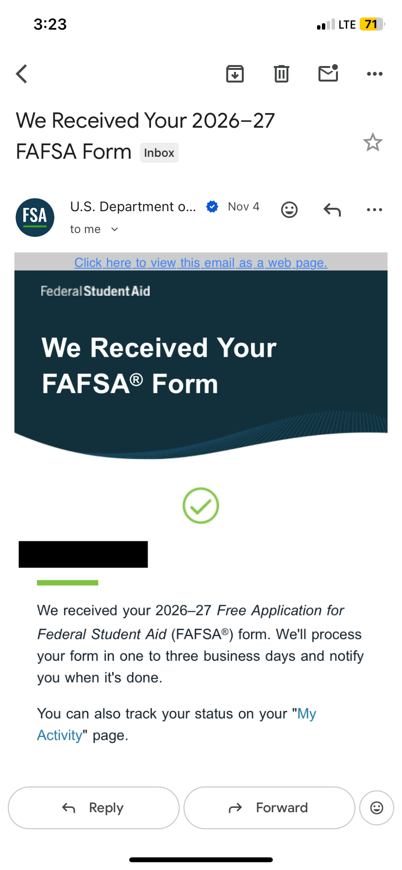 Example of a FAFSA confirmation email.