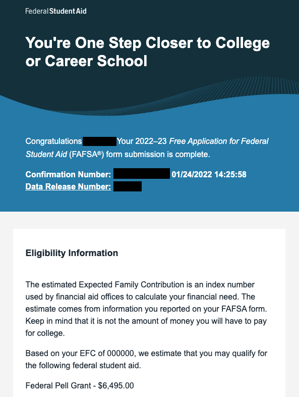 Example of a FAFSA confirmation email.