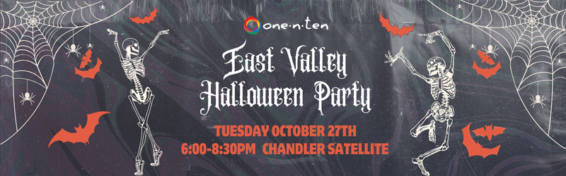 Event details of the Halloween party on a spooky black background with orange bats and dancing skeletons.