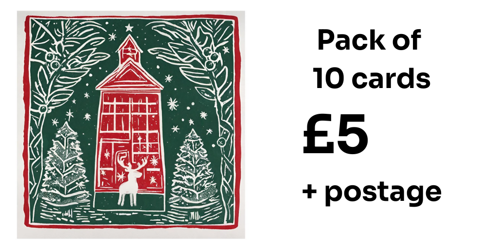 Christmas card design featuring stockings, holly, presents, baubles, candy canes, sleighs and mistletoe. £3.99 per pack of ten, plus postage