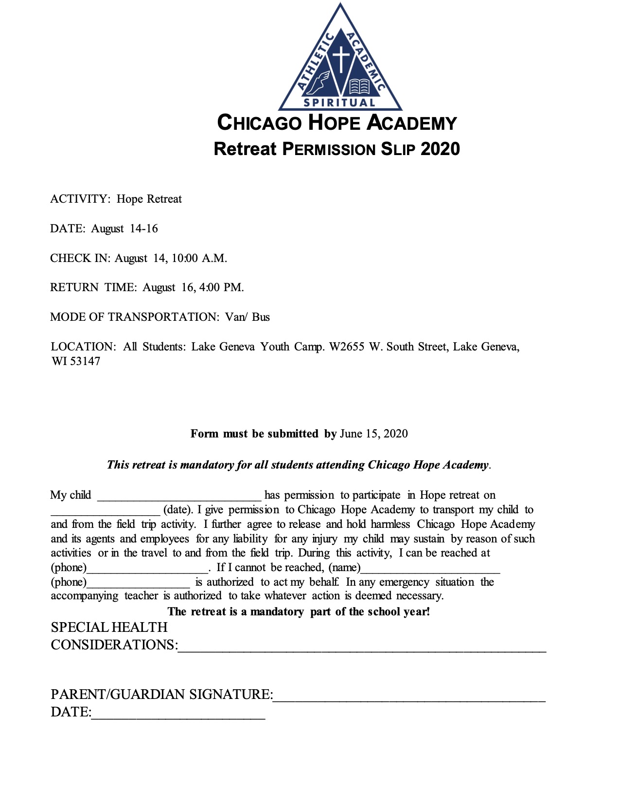Camp Permission Slip