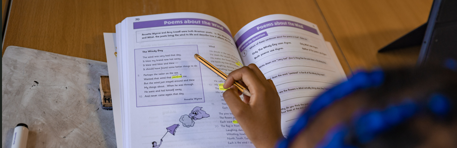 image of a pupil pointing to a poem in a book