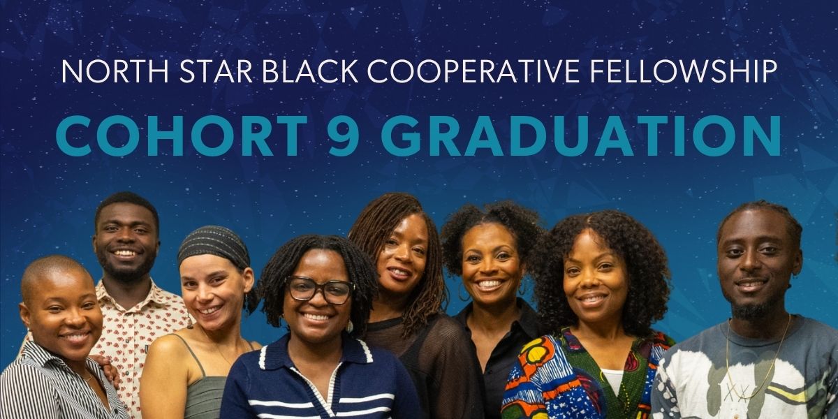 Event flyer for North Star Black Cooperative Fellowship Cohort 9 Graduation 2025 - 2026, background of starry night sky.