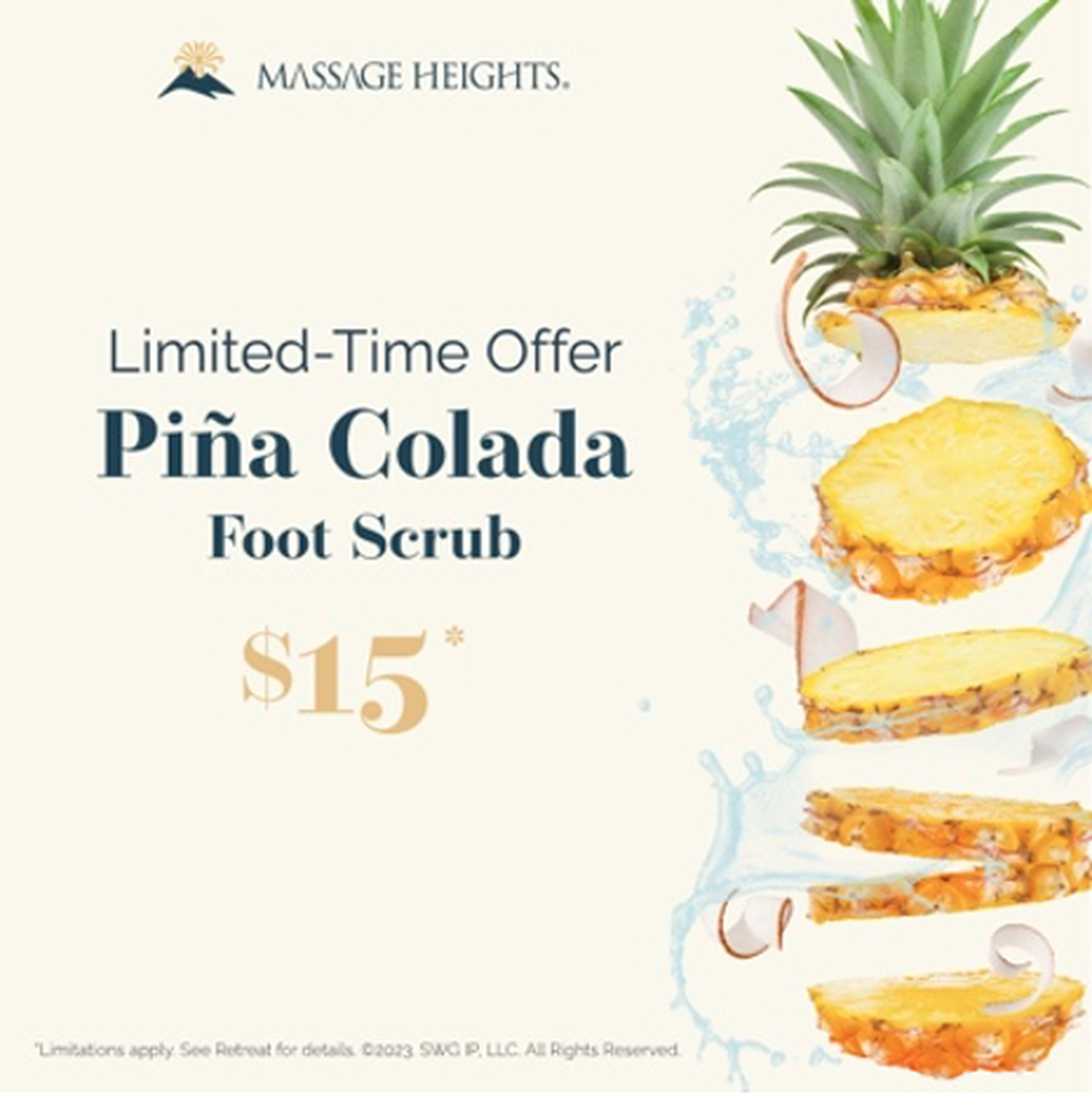 Massage Heights July 2023 SMS Schedule Piña Colada Foot Scrub Series