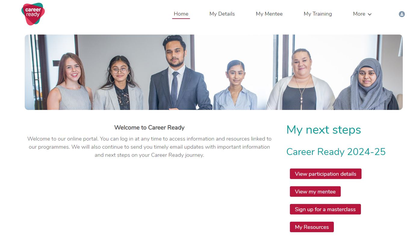 The volunteer portal home page, with the heading 'My Next Steps' on the right hand side, with several buttons underneath it