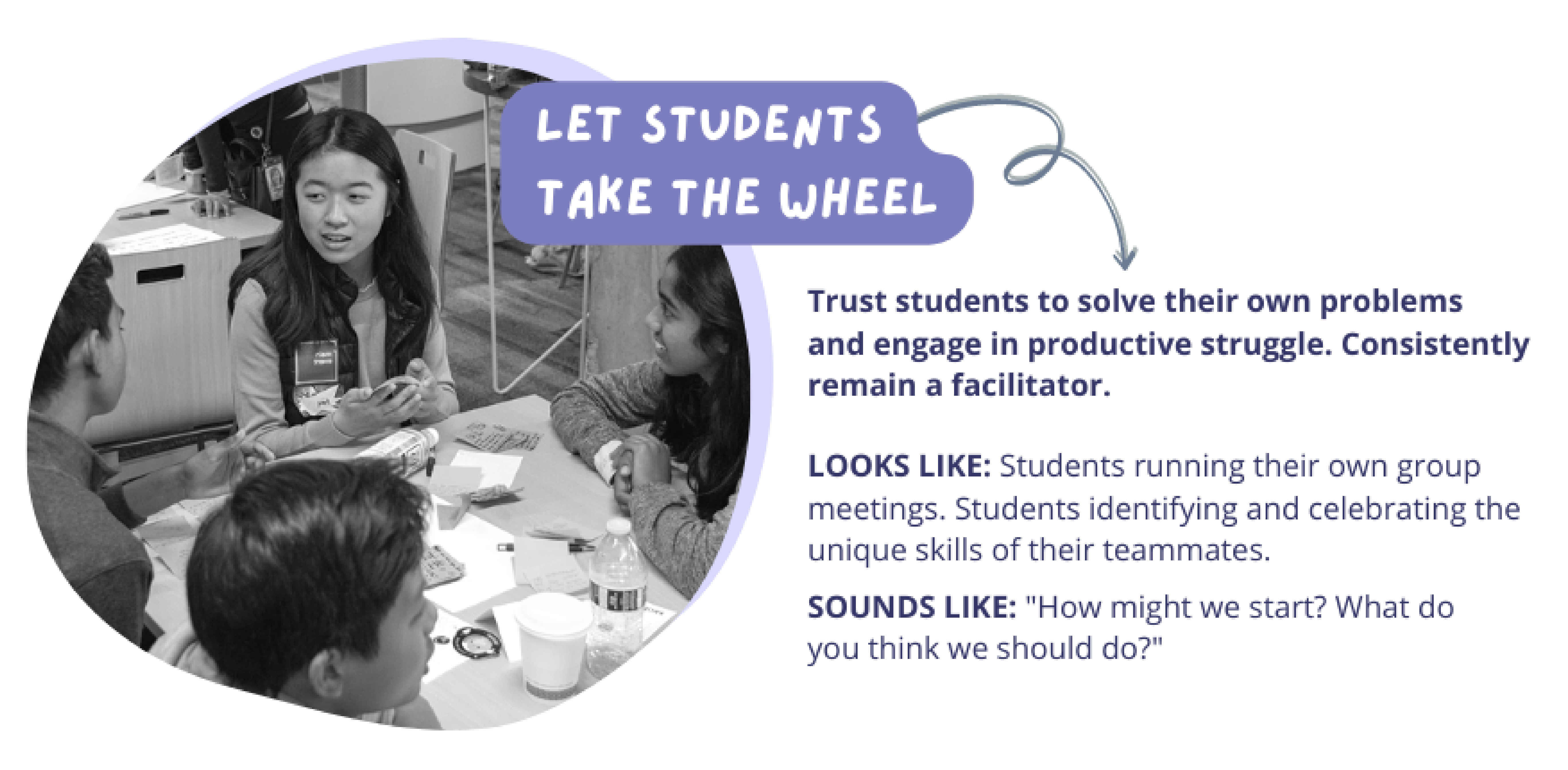 Let Students Take the Wheel: Trust students to solve their own problems  and engage in productive struggle. Consistently remain a facilitator.