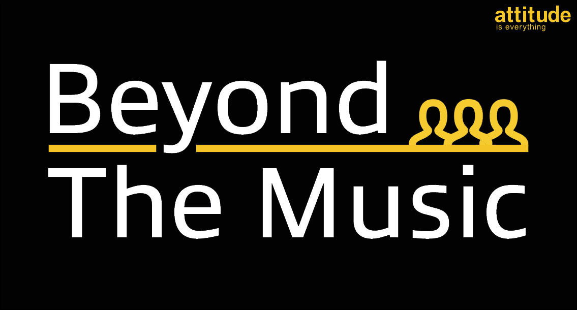 The logo for the Beyond the Music project. It has "Beyond the Music" in White. Beyond is above the other two words with a yellow underline. At the end of that underline sit the outlines of three figures.