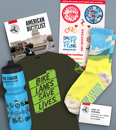 American Bicyclist magazine, Membership Card, League Socks, League water bottle, sticker sheet