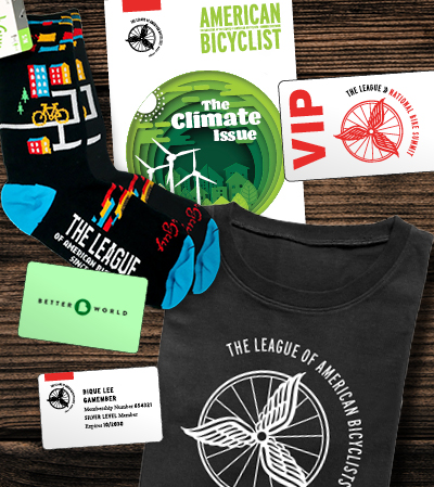 Bicycle Friendly America magazine, Membership Card, League Socks, Black League T-shirt, Bicycle Roadside assistance