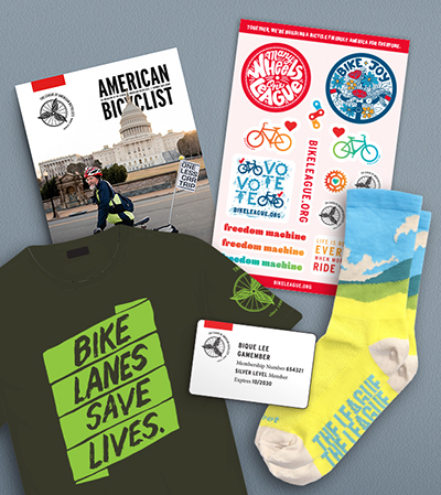 Bike Lanes Save Lives T-shirt, Bicycle Friendly America magazine, Membership Card, League Socks, sticker sheet