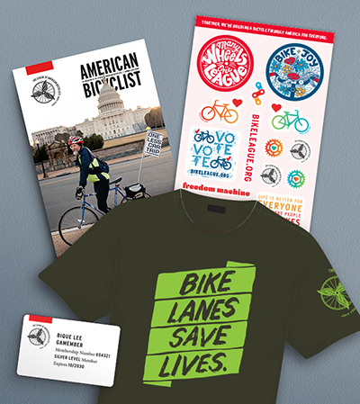 Bike Lanes Save Lives T-shirt, Bicycle Friendly America magazine, Membership Card, sheet of stickers