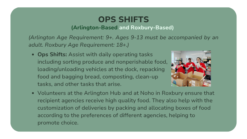 A graphic about the Ops Shifts at Food Link.