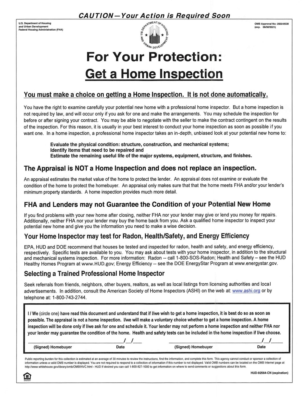 For your protection, get a home inspection form