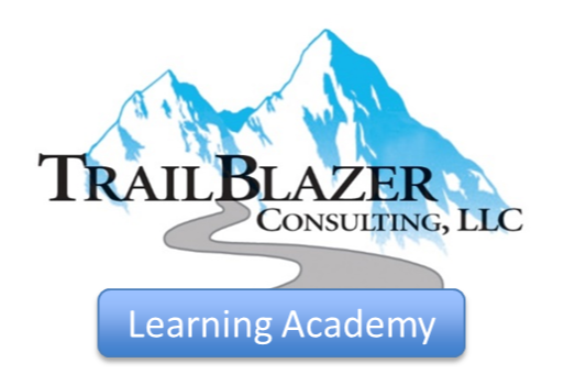 TrailBlazer Learning Academy log - mountains with blue highlighting and a path