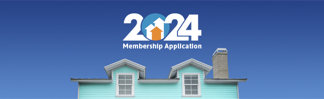 Image of roofs of houses against blue sky with text reading "2023 Membership Application"
