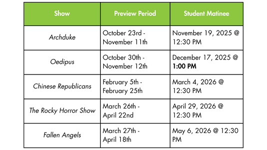 Chart featuring the Preview Periods and Student Matinee dates for the 2025-26 Season