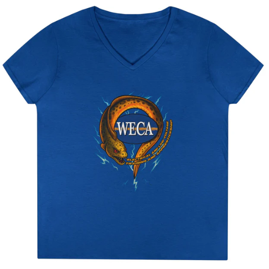 Blue tee shirt with an eel on it and the WECA logo on it