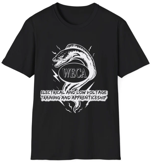 Black tee shirt with white eel logo and WECA logo
