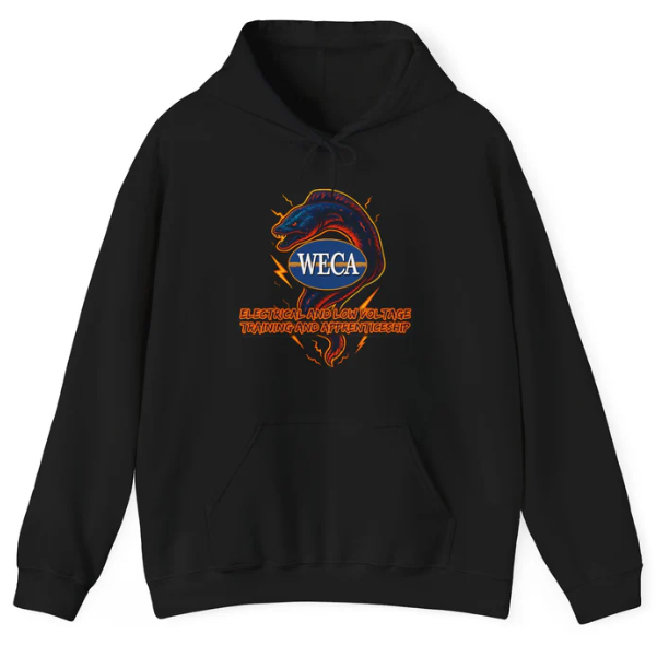 Black hoodie with an eel on it with WECA's logo on it